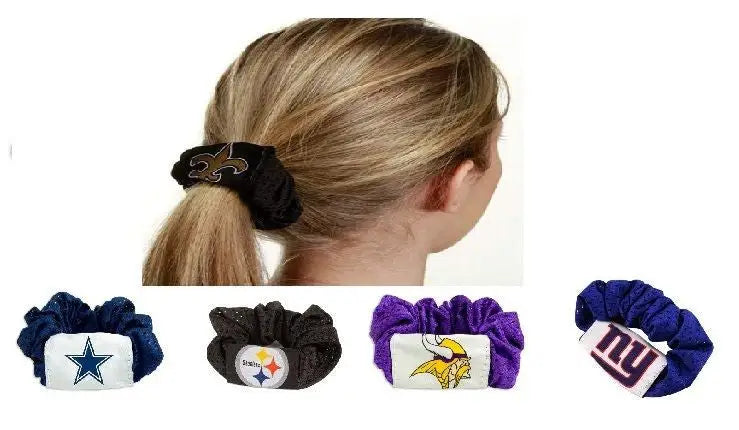 Hair scrunchie featuring NFL team logos in various colors, perfect for fans