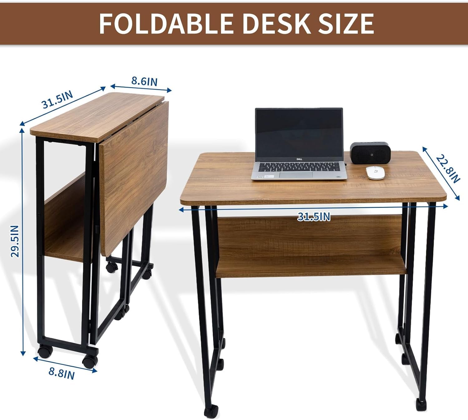Mobile Foldable Desk W/ 6 Wheels,Portable Rolling Small Computer Desk W/Storage Shelves, Folding Desks for Small Spaces, Computer Table for Home Office Bedroom Living Room-Brown-1