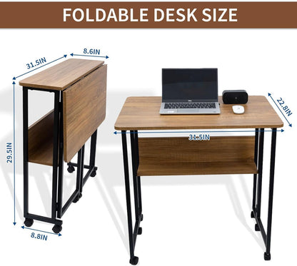 Mobile Foldable Desk W/ 6 Wheels,Portable Rolling Small Computer Desk W/Storage Shelves, Folding Desks for Small Spaces, Computer Table for Home Office Bedroom Living Room-Brown-1