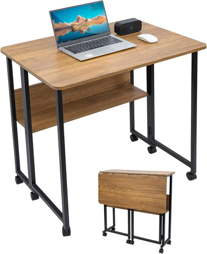 Mobile Foldable Desk W/ 6 Wheels,Portable Rolling Small Computer Desk W/Storage Shelves, Folding Desks for Small Spaces, Computer Table for Home Office Bedroom Living Room-Brown-0