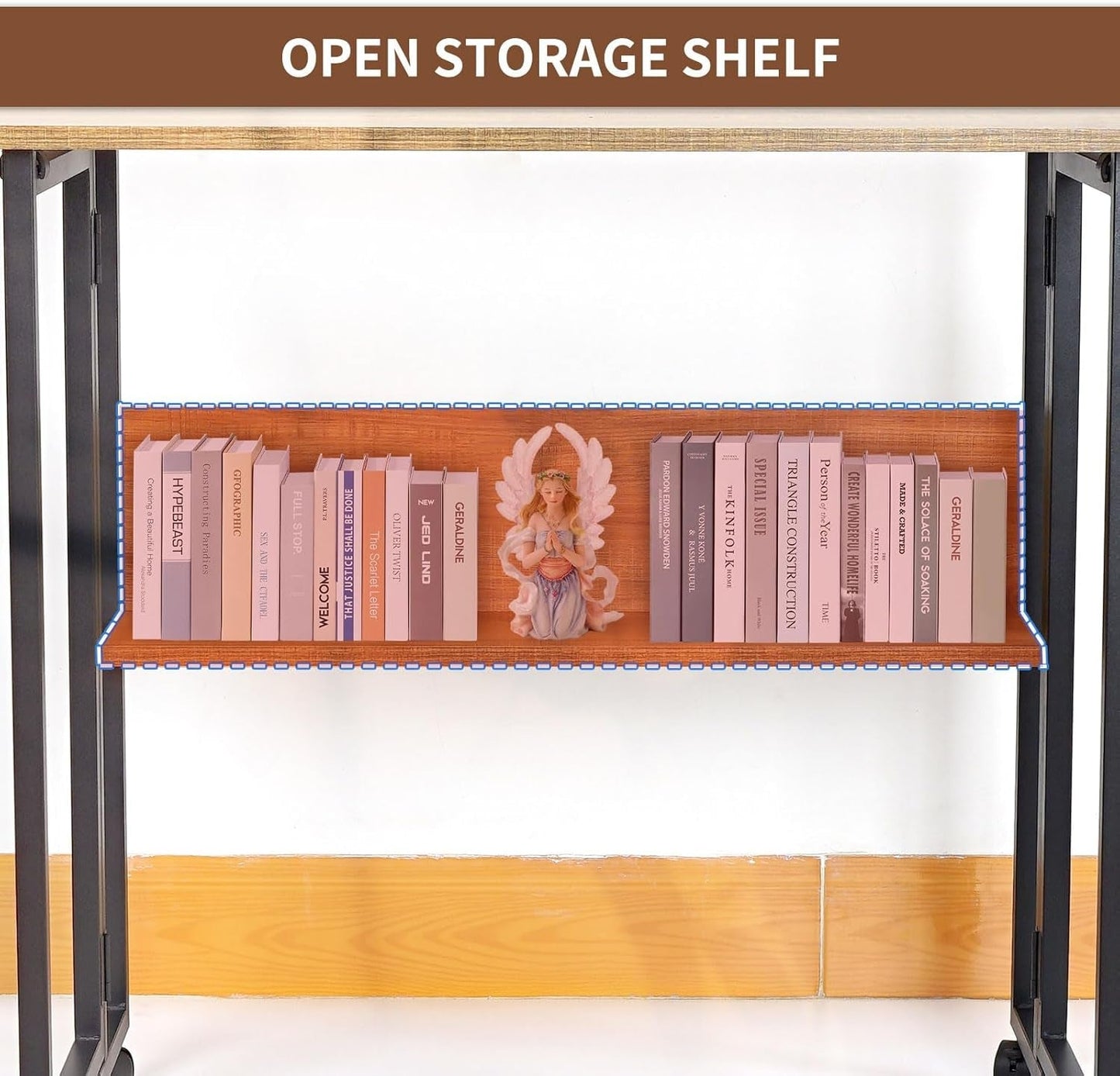 Mobile Foldable Desk W/ 6 Wheels,Portable Rolling Small Computer Desk W/Storage Shelves, Folding Desks for Small Spaces, Computer Table for Home Office Bedroom Living Room-Brown-3