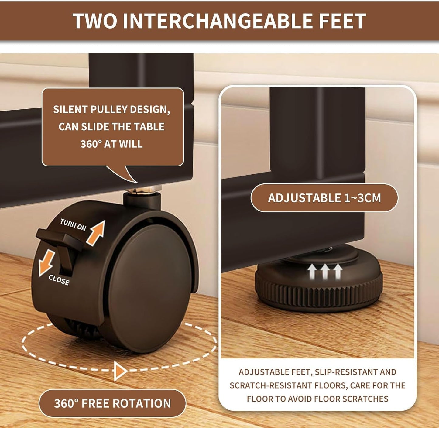 Mobile Foldable Desk W/ 6 Wheels,Portable Rolling Small Computer Desk W/Storage Shelves, Folding Desks for Small Spaces, Computer Table for Home Office Bedroom Living Room-Brown-2