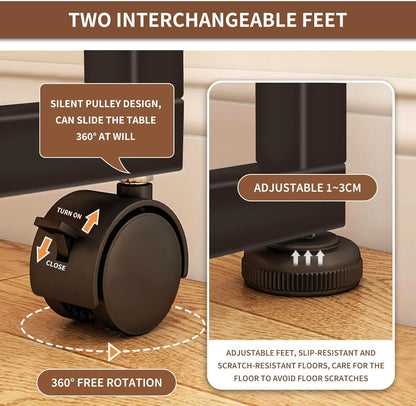 Mobile Foldable Desk W/ 6 Wheels,Portable Rolling Small Computer Desk W/Storage Shelves, Folding Desks for Small Spaces, Computer Table for Home Office Bedroom Living Room-Brown-2