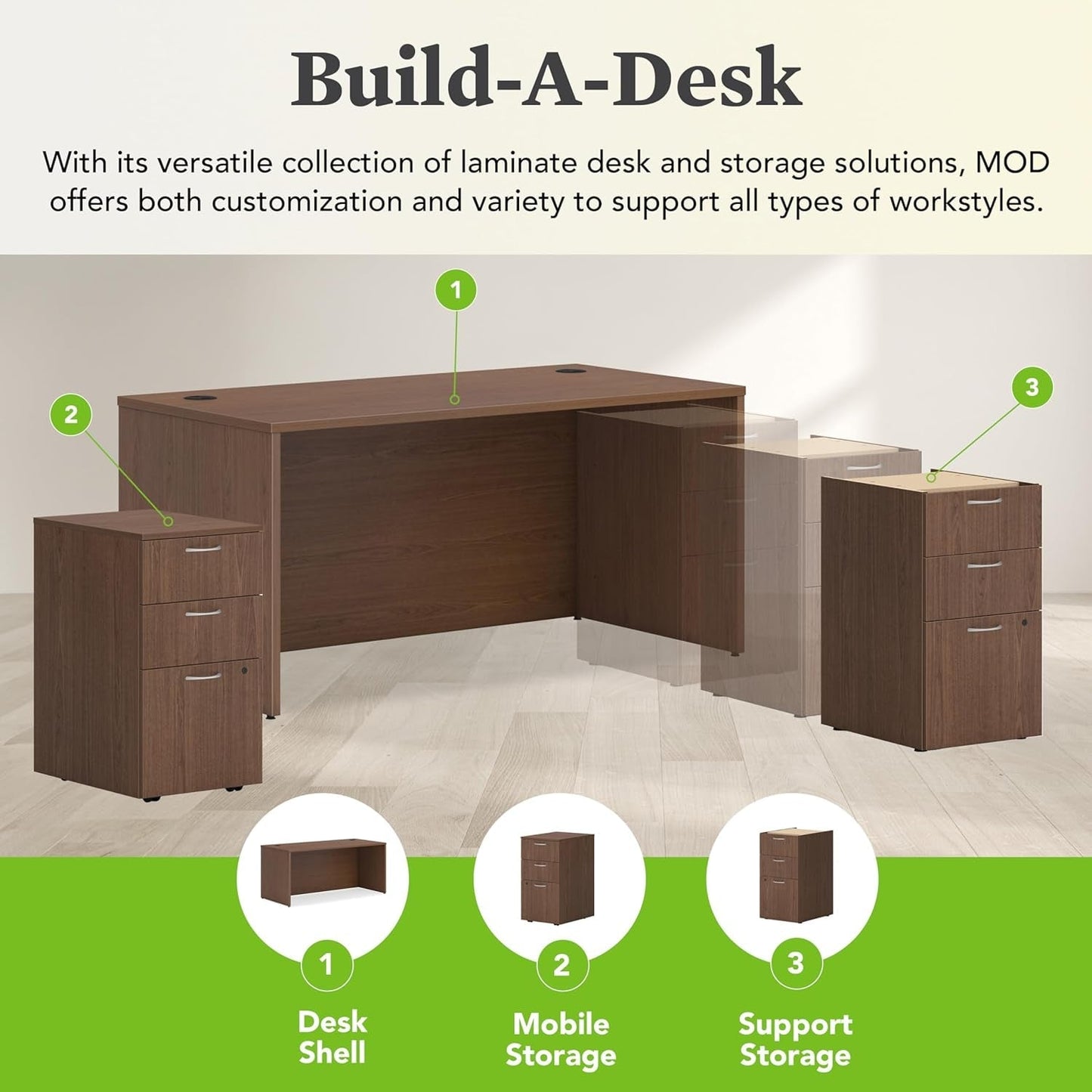 MOD Executive Desk 66-Inch Large Computer Desk Shell, Thick Wooden Laminate, Modern Table with Cord Management, 66" W X 30" D X 29" H, Walnut-3