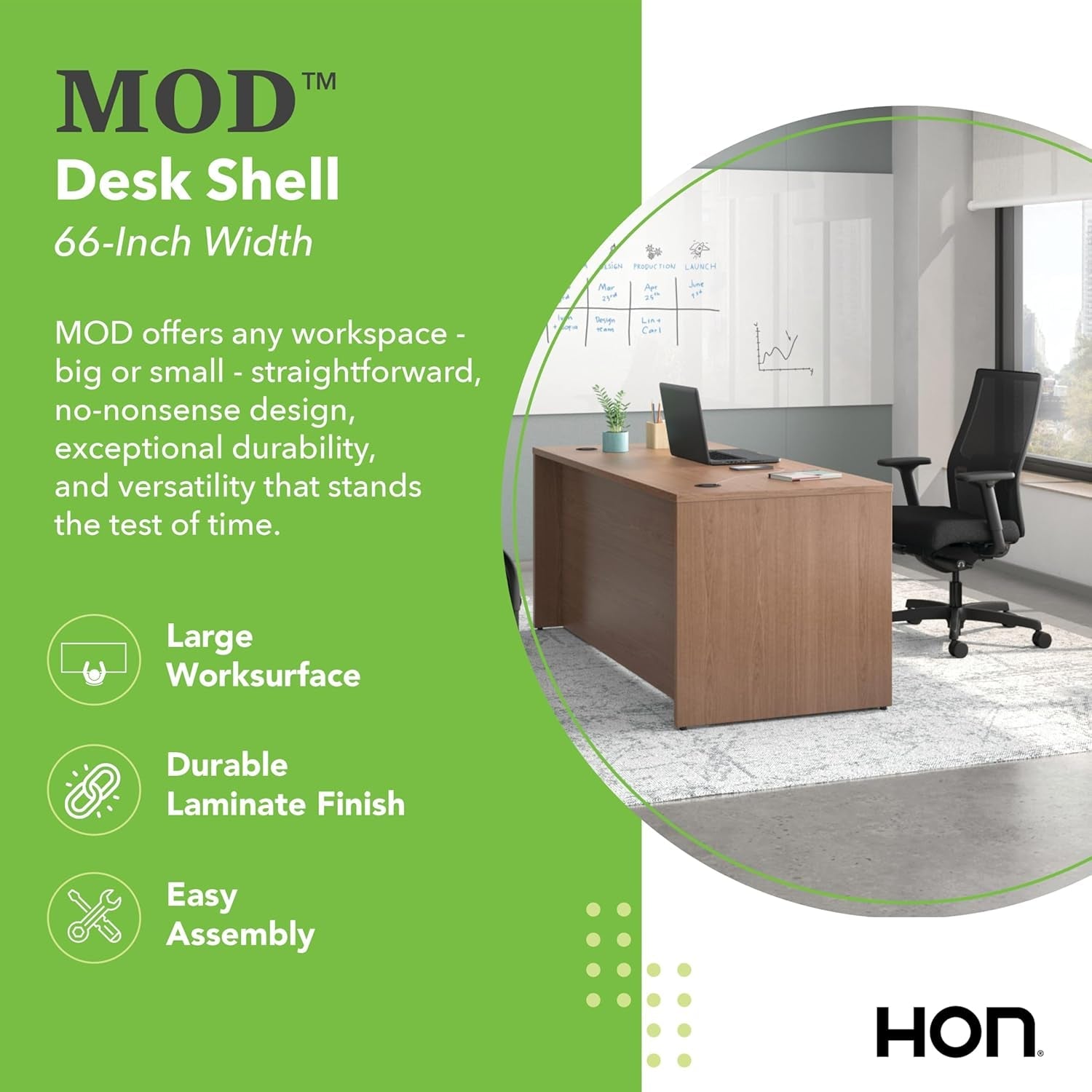 MOD Executive Desk 66-Inch Large Computer Desk Shell, Thick Wooden Laminate, Modern Table with Cord Management, 66" W X 30" D X 29" H, Walnut-2