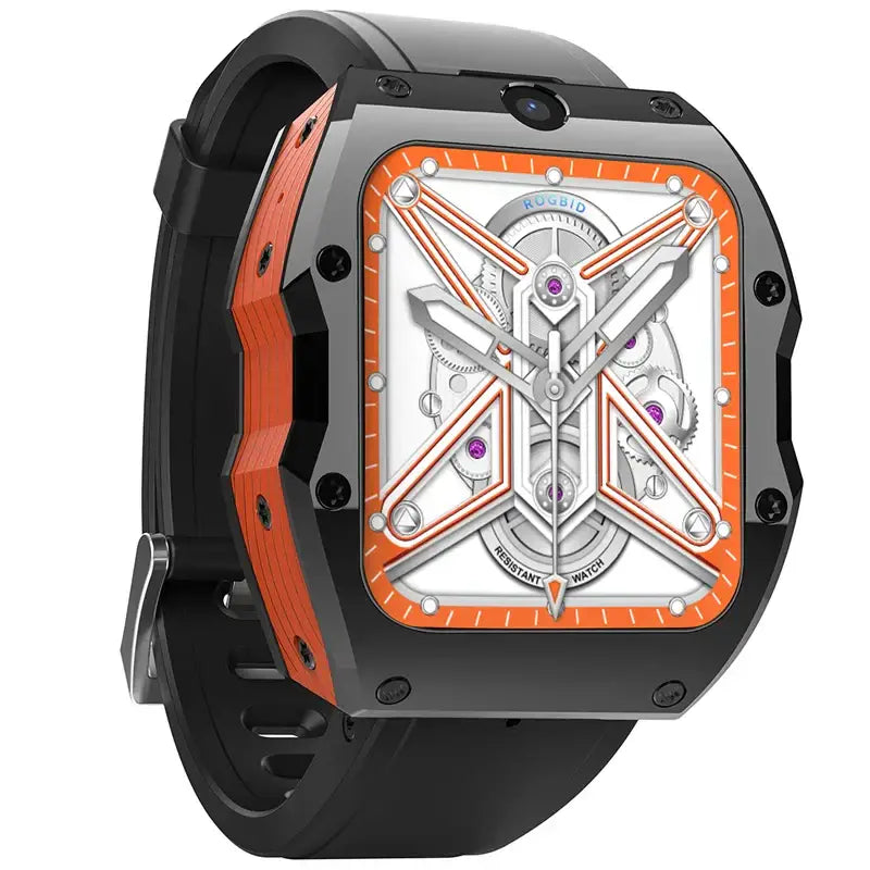 Black android smartwatch with orange casing, exposed gear face, IP68 waterproof design