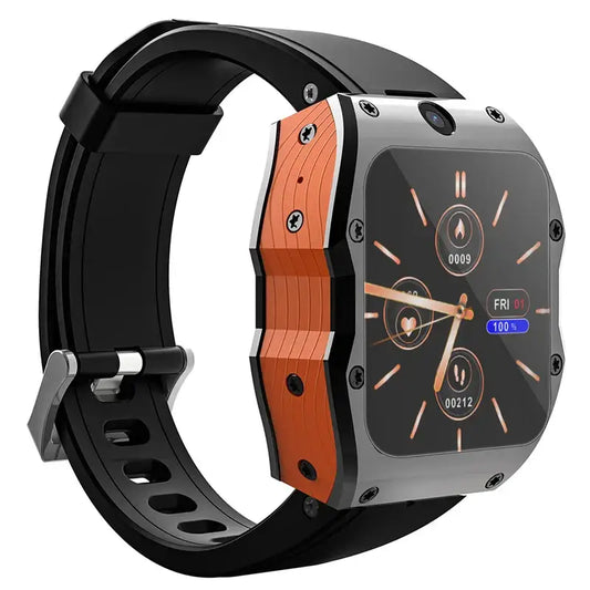Rugged Android smartwatch with IP68 waterproof rating, orange grey case, black silicone strap