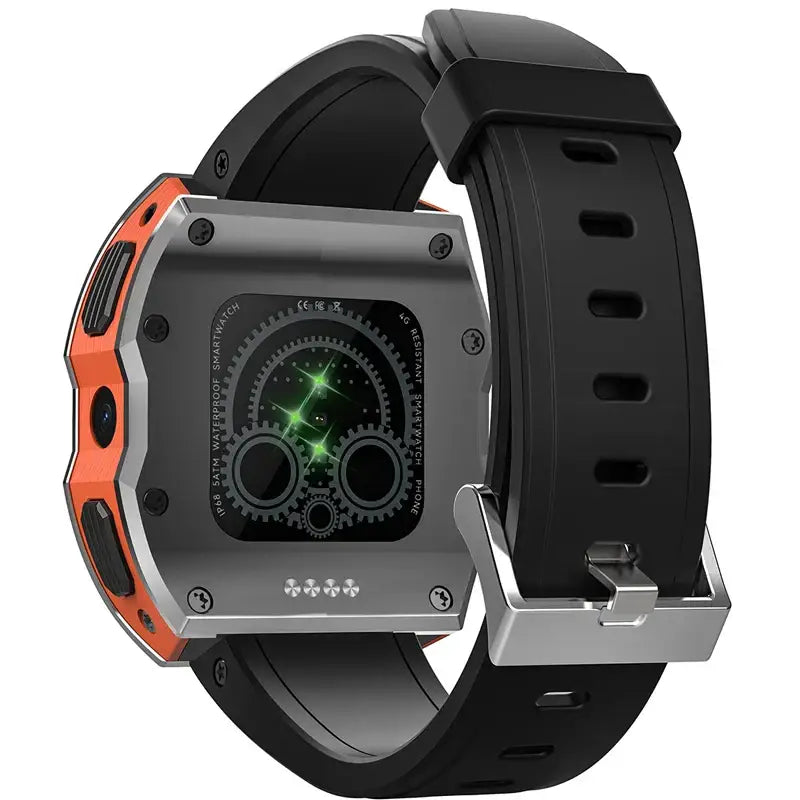 Android smartwatch with gear design, orange casing, green glow, IP68 waterproof, Model X 4G