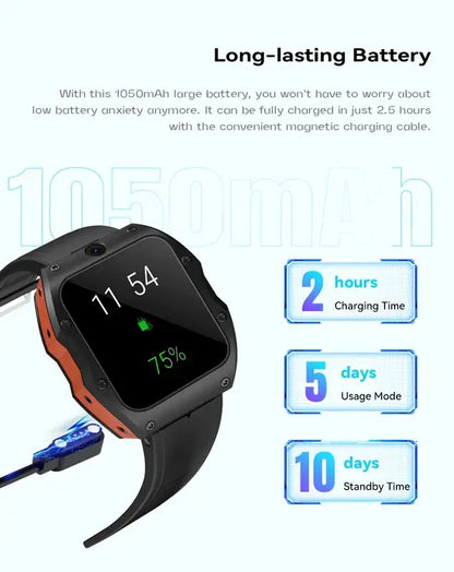 Android smartwatch Model X 4G with IP68 waterproof, long-lasting battery, magnetic charging