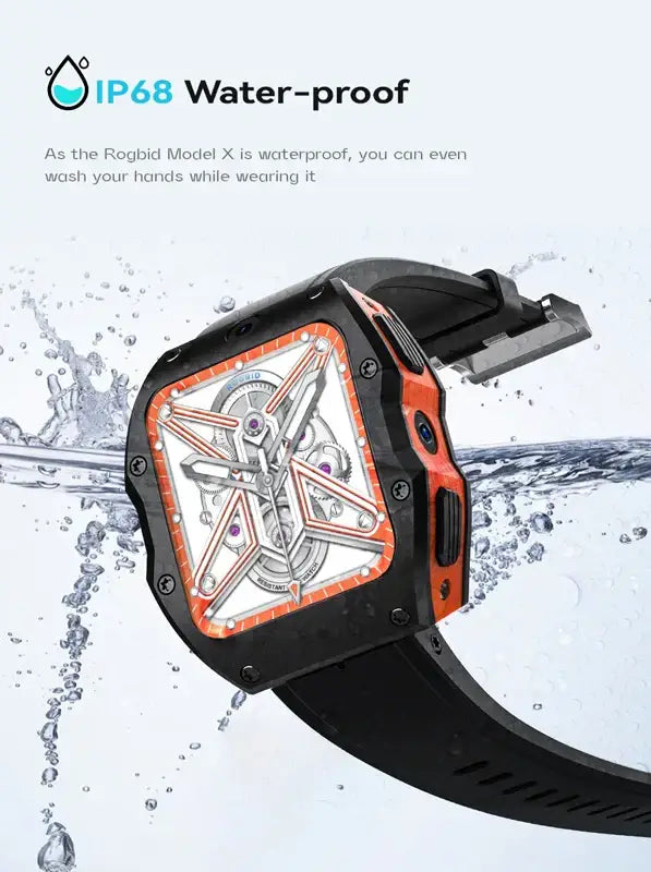 Android smartwatch with IP68 waterproof design, black band, and complex mechanical face