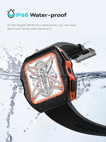 Android smartwatch with IP68 waterproof design, black band, and complex mechanical face