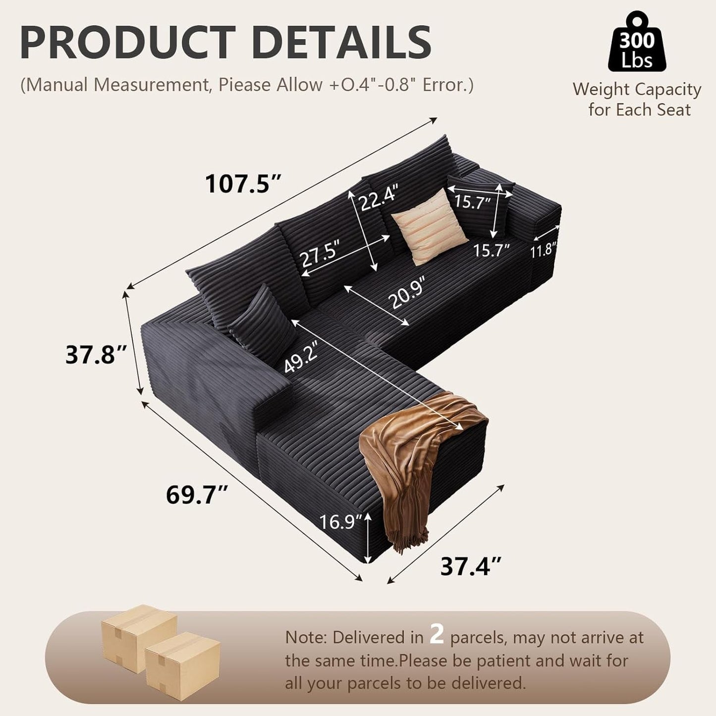 Modern 107 Inch Cloud Sectional Couch with Chaise-1
