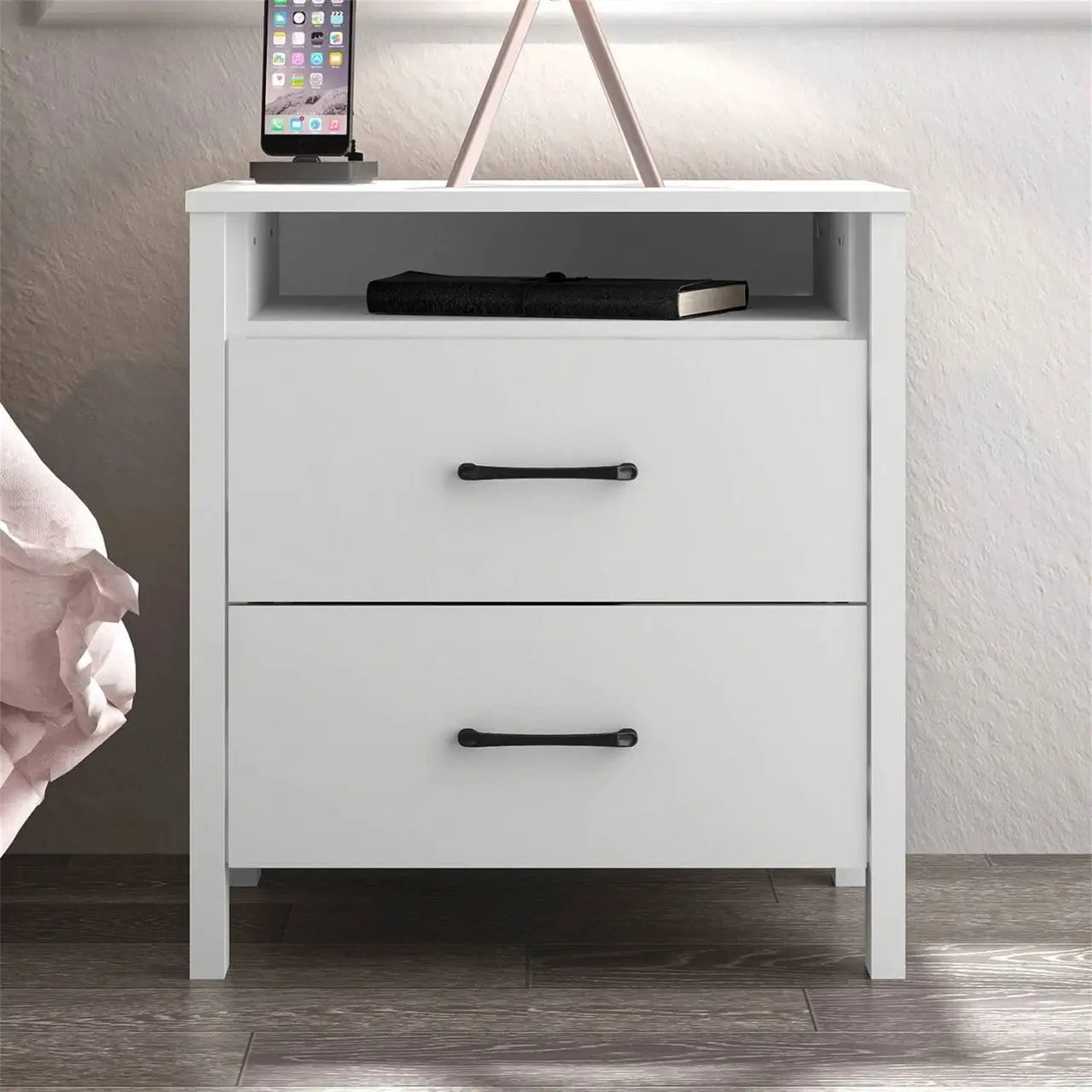 Modern 2-Drawer Bedside Table Nightstand in White Wood Finish - Nightstand