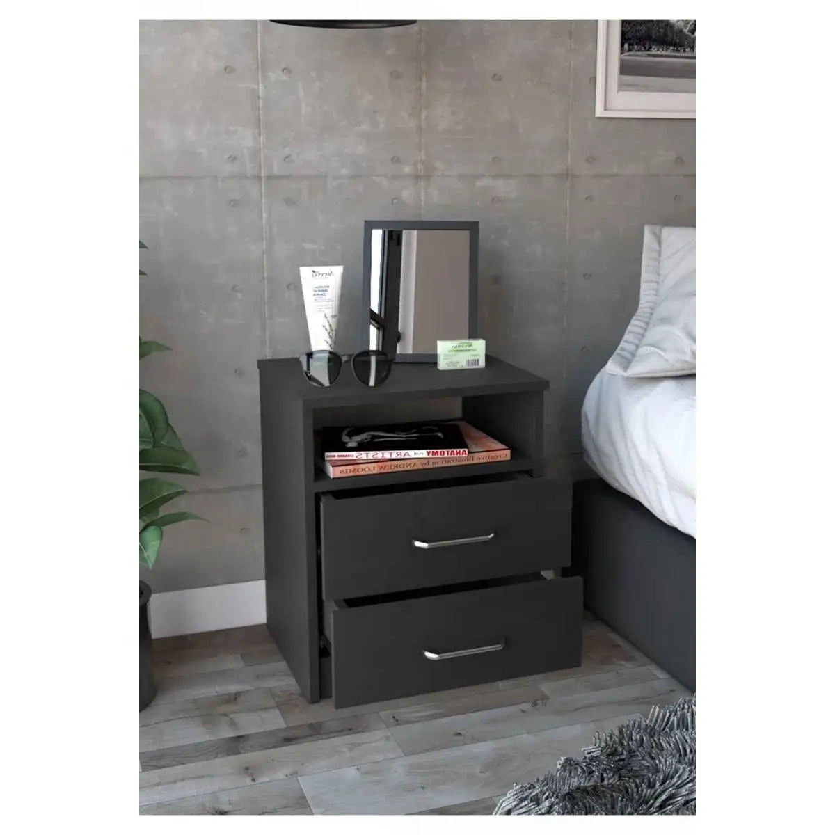 Modern 2-Drawer Nightstand End Table with Open Shelf in Black Wood Finish - Nightstand