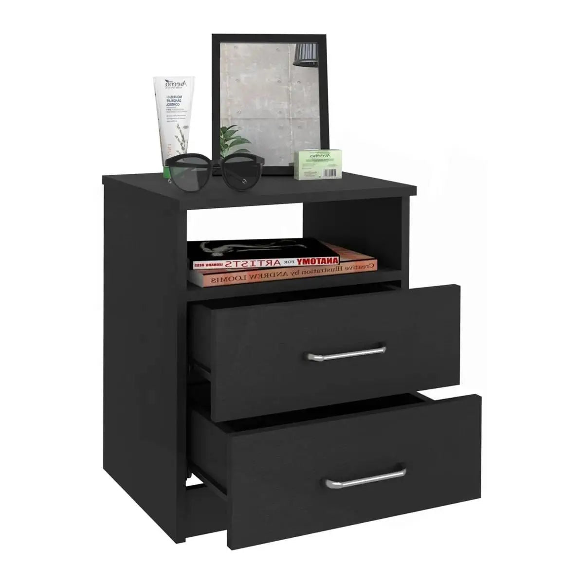 Modern 2-Drawer Nightstand End Table with Open Shelf in Black Wood Finish - Nightstand