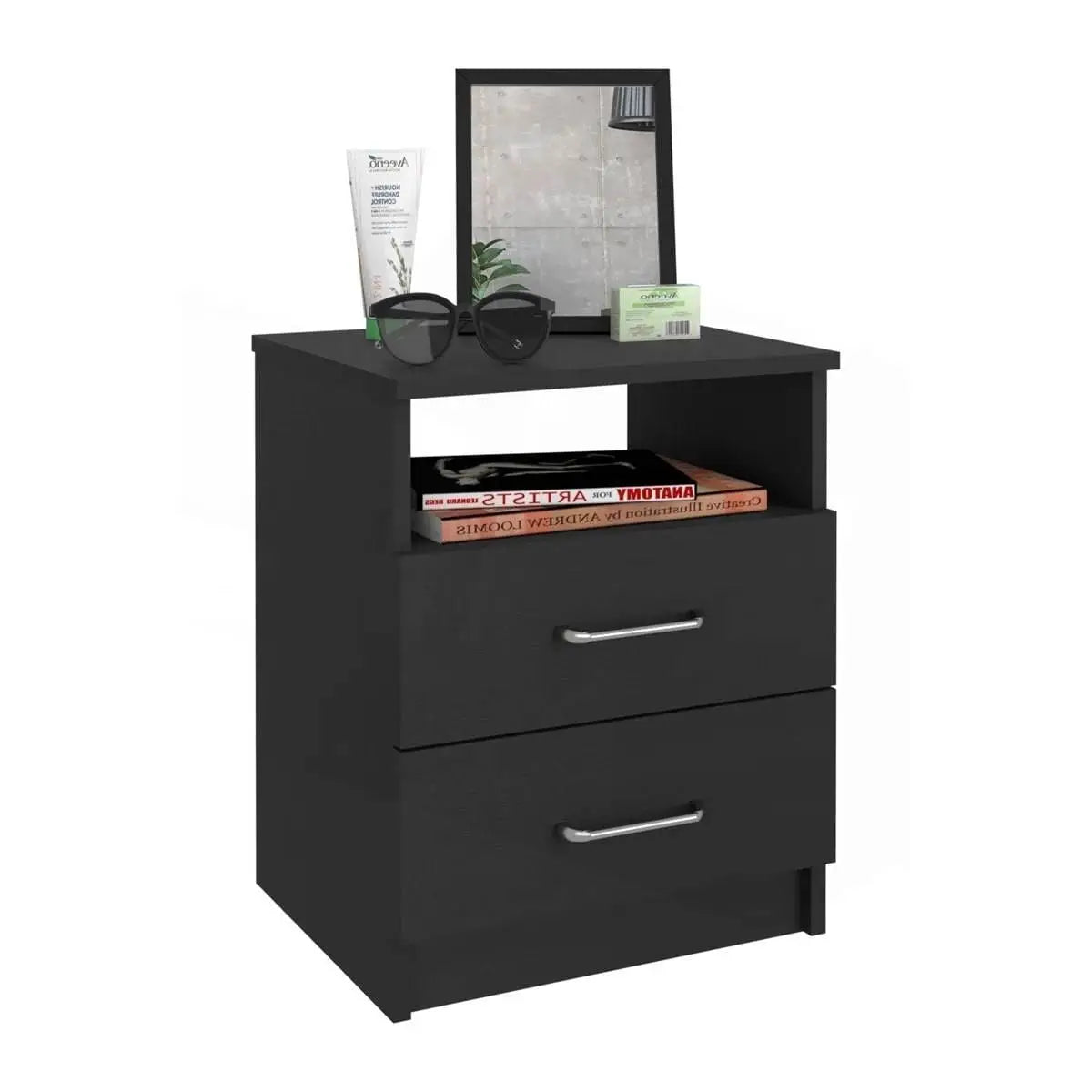Modern 2-Drawer Nightstand End Table with Open Shelf in Black Wood Finish - Nightstand