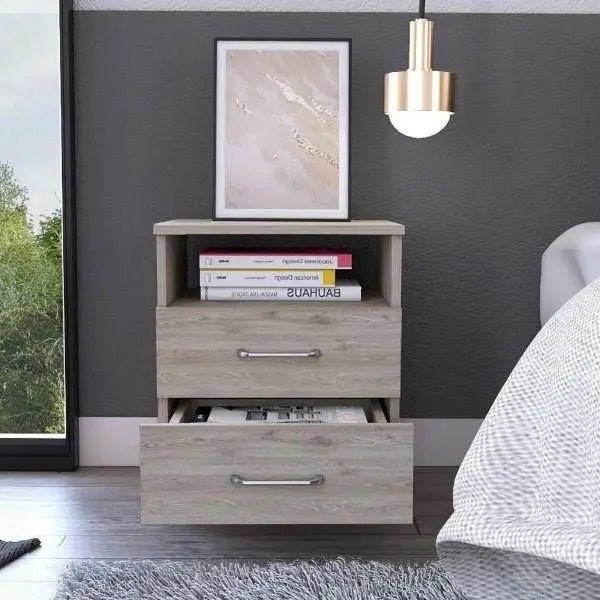 Modern 2-Drawer Nightstand with Open Shelf in Beige Wood Finish - Nightstand