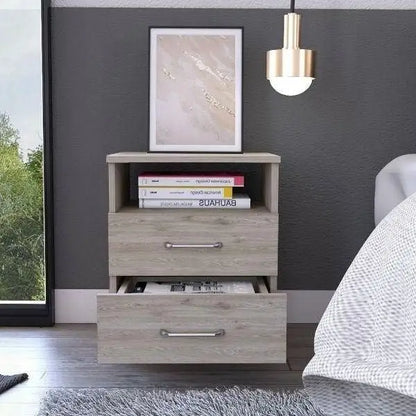 Modern 2-Drawer Nightstand with Open Shelf in Beige Wood Finish - Nightstand