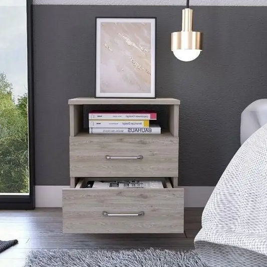 Modern 2-Drawer Nightstand with Open Shelf in Beige Wood Finish - Nightstand
