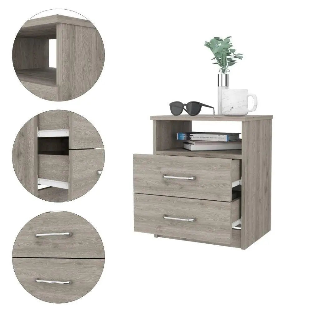 Modern 2-Drawer Nightstand with Open Shelf in Beige Wood Finish - Nightstand
