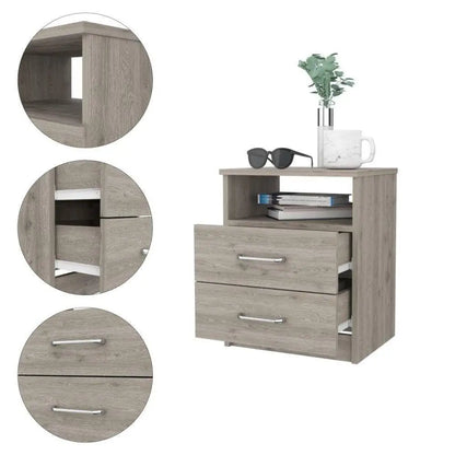Modern 2-Drawer Nightstand with Open Shelf in Beige Wood Finish - Nightstand