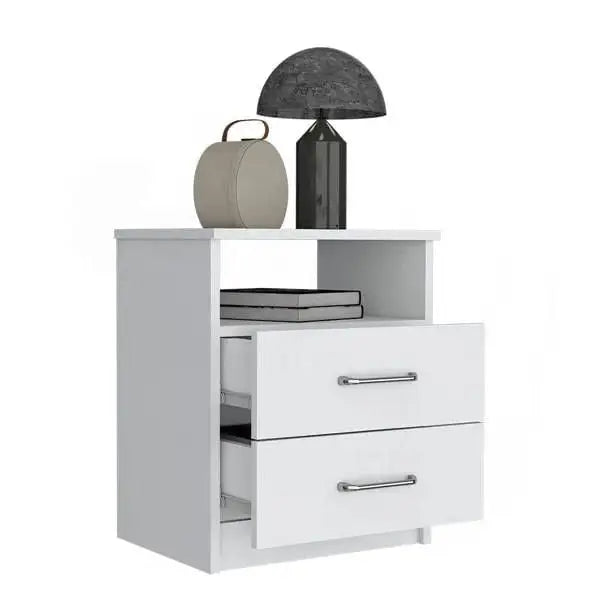 Modern 2-Drawer Nightstand with Open Shelf in White Wood Finish - Nightstand