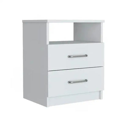 Modern 2-Drawer Nightstand with Open Shelf in White Wood Finish - Nightstand