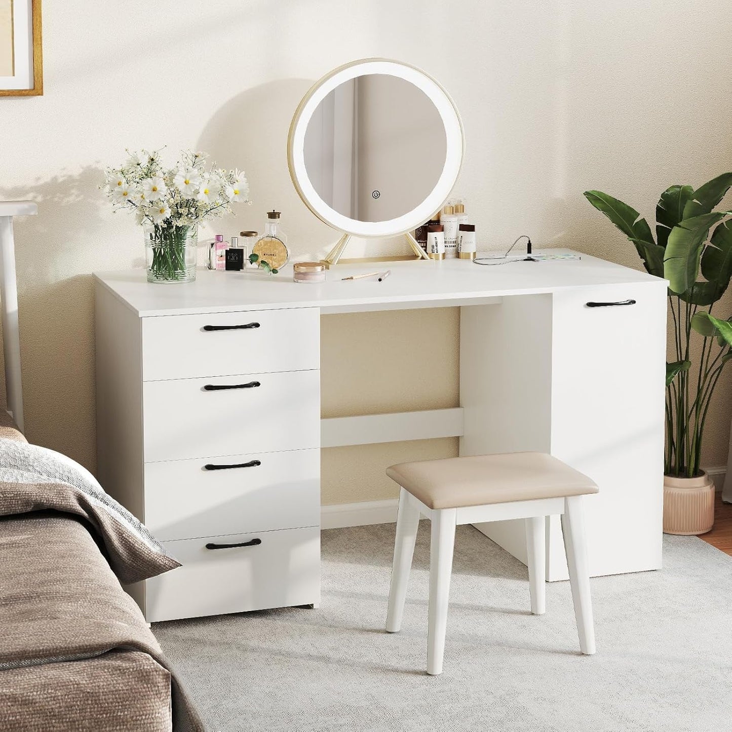 Modern 53 Inch White Computer Desk with Charging Station-3