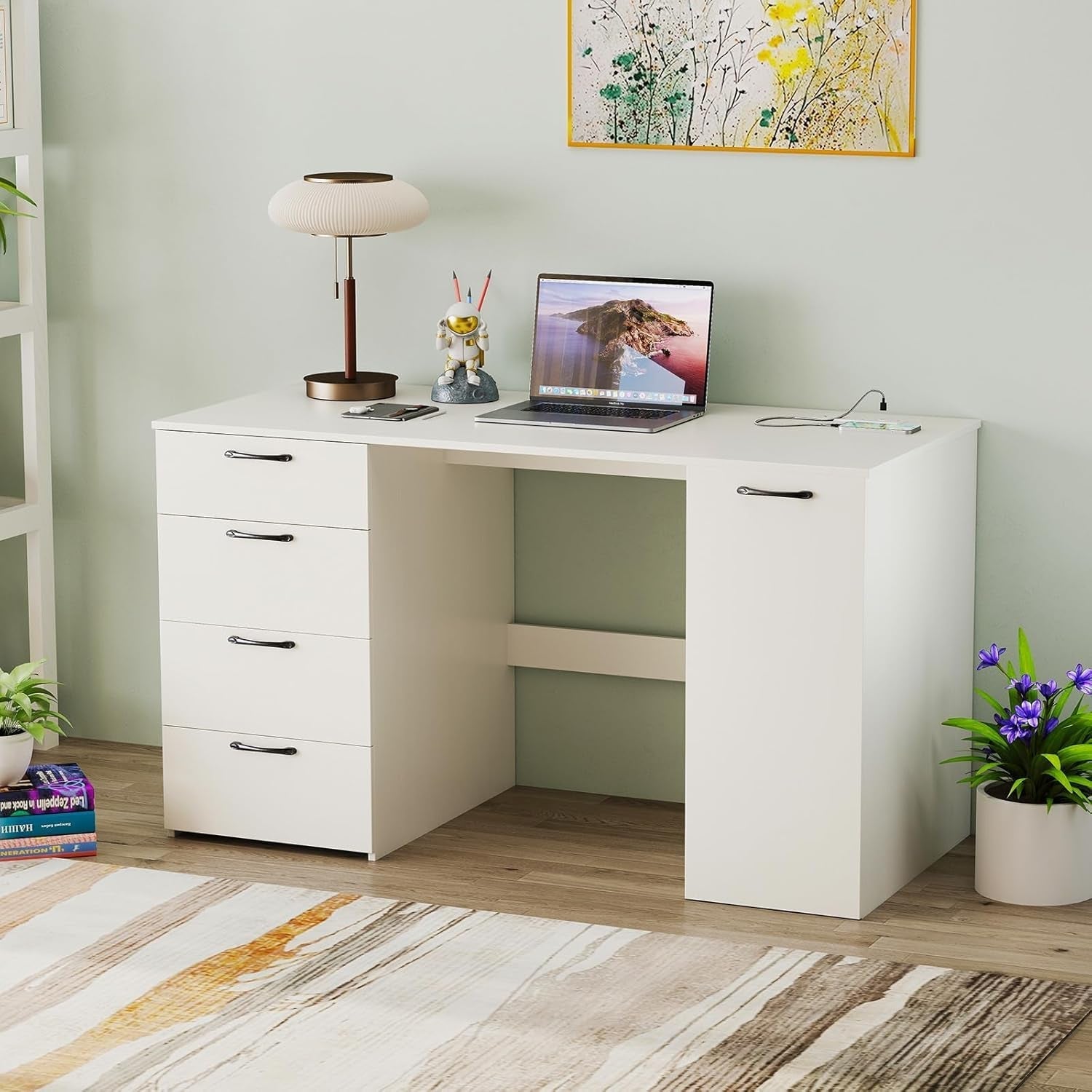 Modern 53 Inch White Computer Desk with Charging Station-1