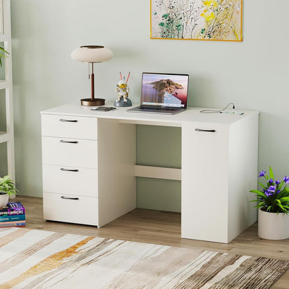 Modern 53 Inch White Computer Desk with Charging Station-1