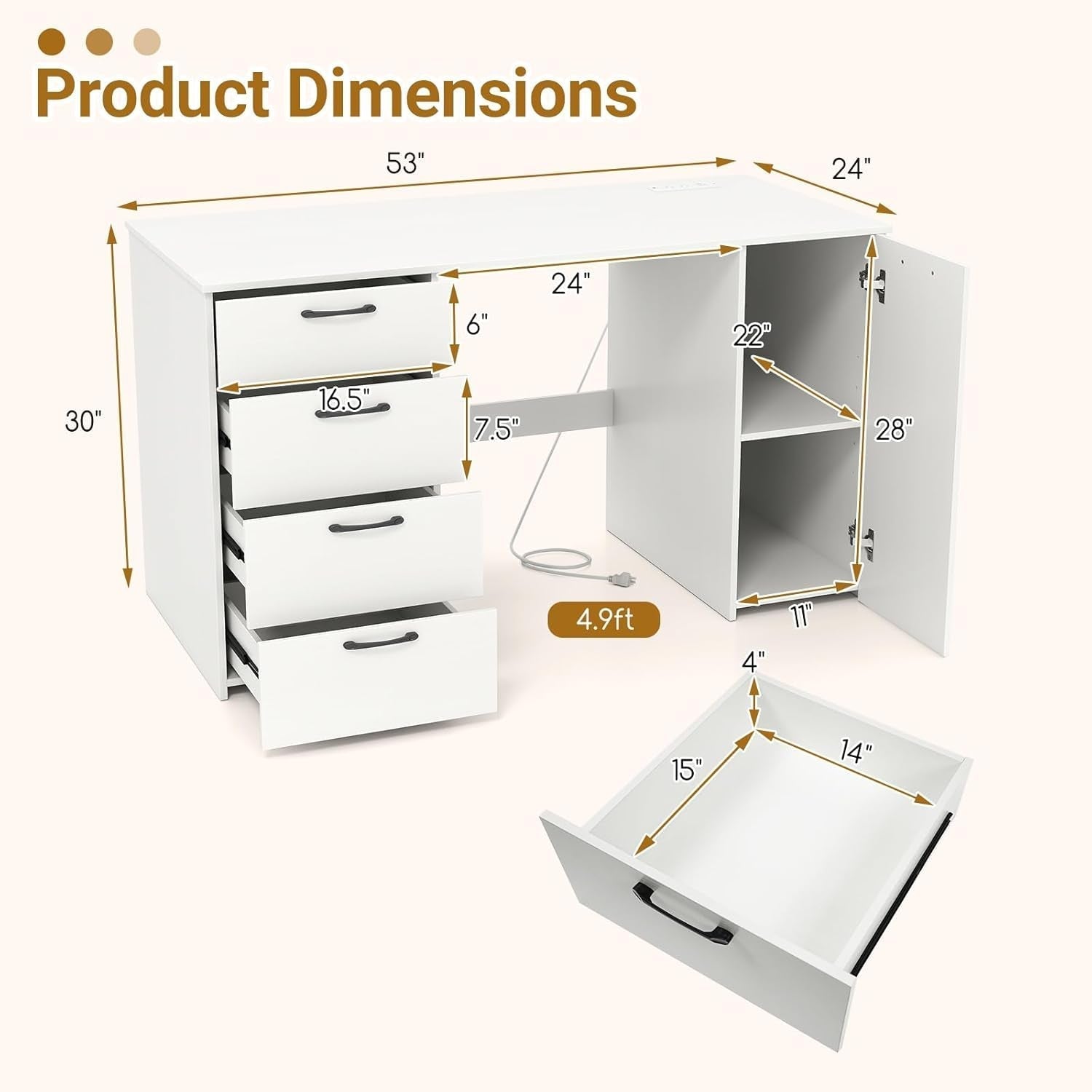 Modern 53 Inch White Computer Desk with Charging Station-2