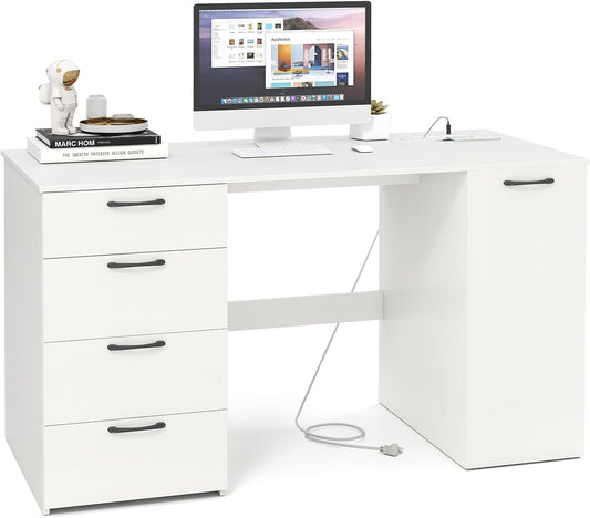 Modern 53 Inch White Computer Desk with Charging Station-0