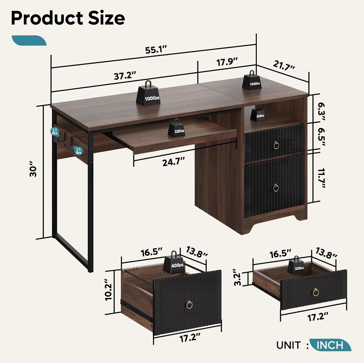 Modern 55 Inch Computer Desk with Storage and Tray-2