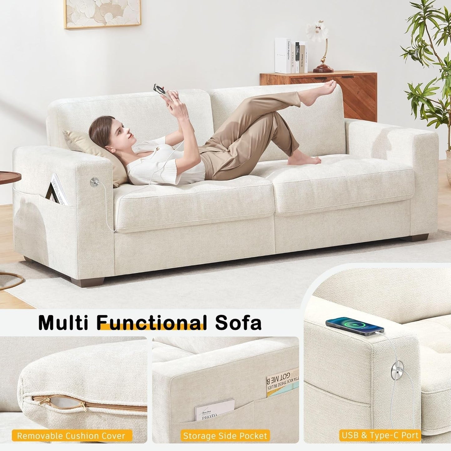 Modern 89 Inch Sofa with USB Ports and Removable Cover-4