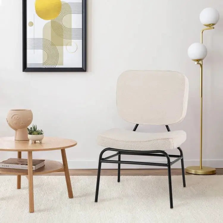 Modern beige upholstered accent chair with sherpa fabric, ergonomic design, and metal frame
