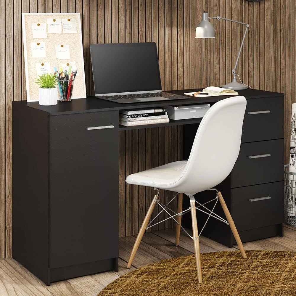 Modern Black Computer Desk with Storage Drawers and Shelf-1