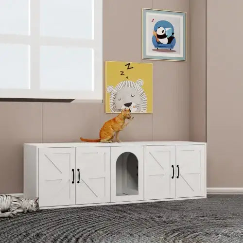 White cat litter box enclosure with dual compartments and wooden design for easy cleaning
