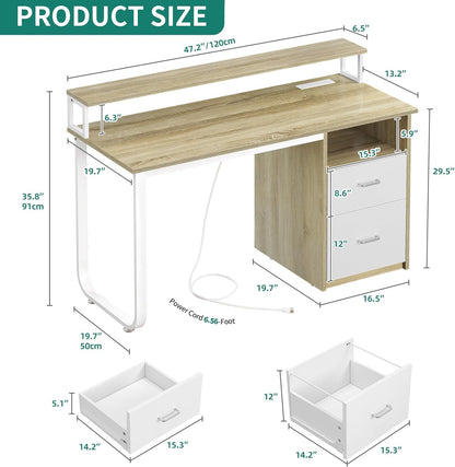 Modern Computer Desk with Drawers Power Outlets LED Light-1