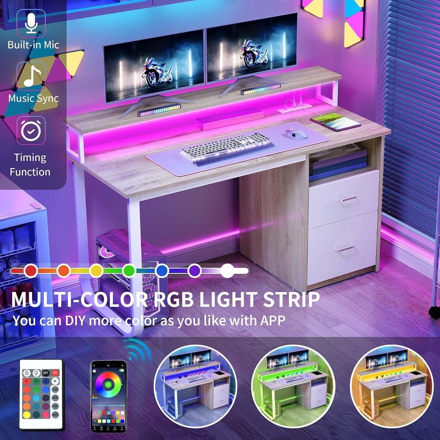 Modern Computer Desk with Drawers Power Outlets LED Light-2