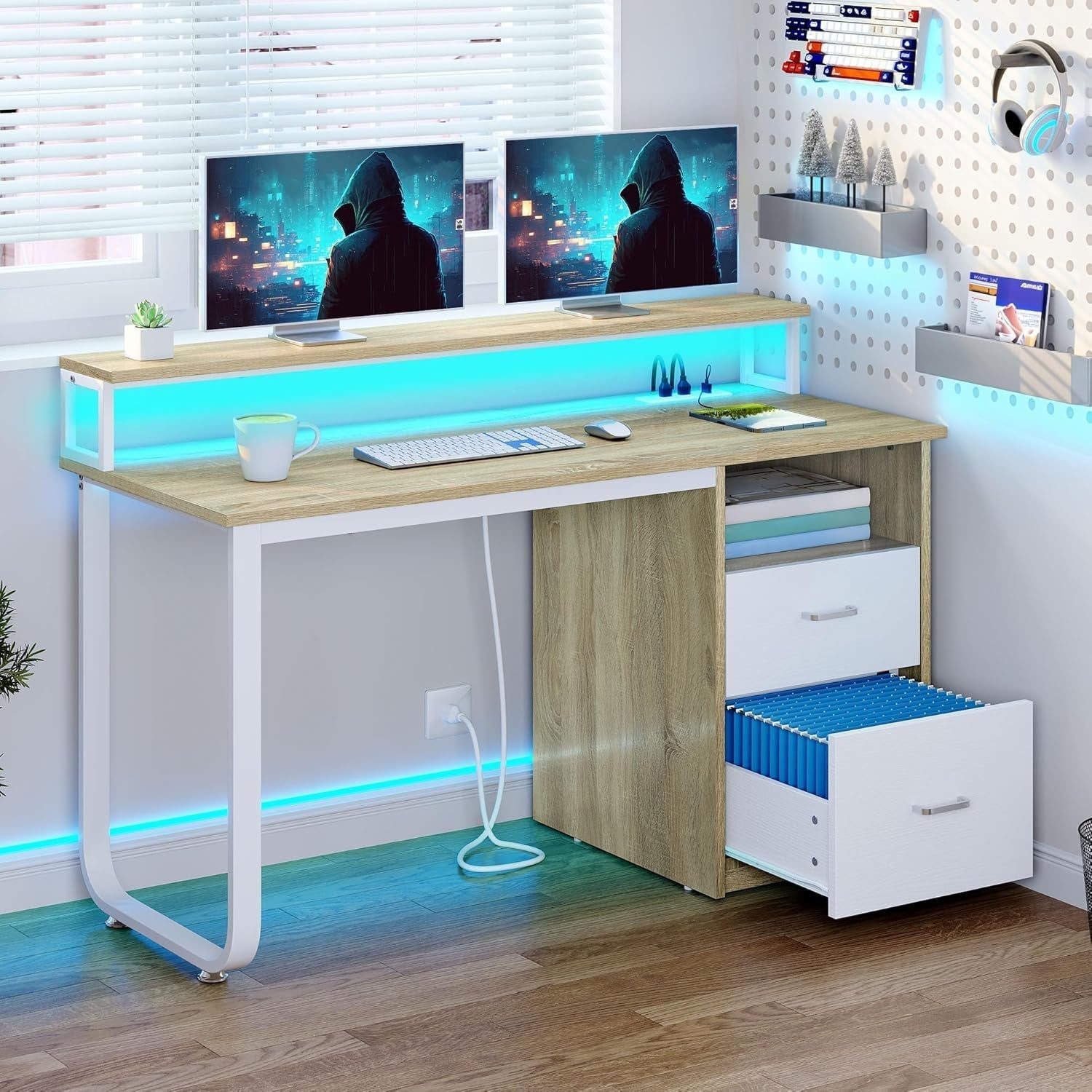 Modern Computer Desk with Drawers Power Outlets LED Light-3