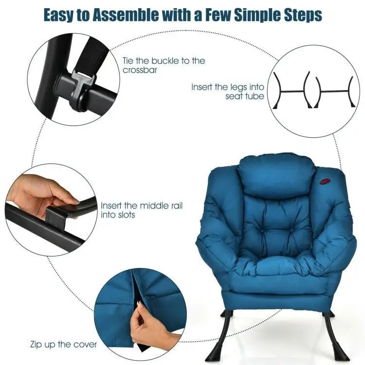 Modern Cushioned Accent Chair with Side Pocket in Navy Blue Upholstered Fabric - Living Room > Accent Chairs