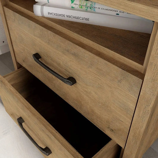 Modern Farmhouse 2-Drawer Nightstand Bedside Table in Brown Oak Wood Finish - Nightstand