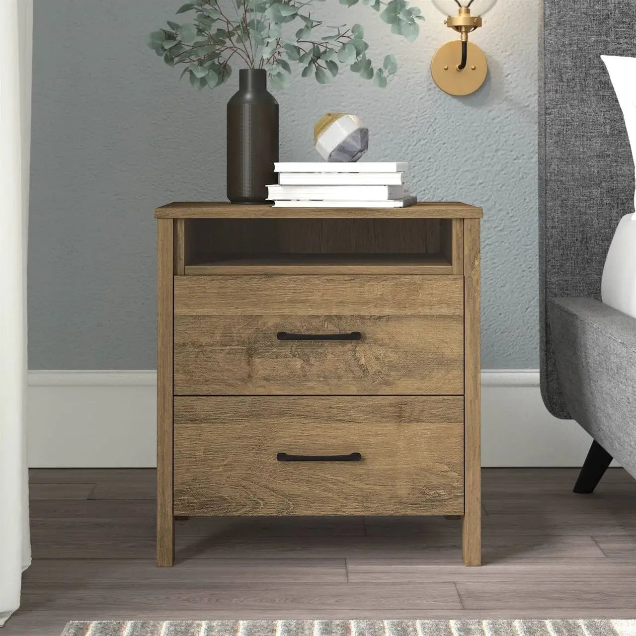 Modern Farmhouse 2-Drawer Nightstand Bedside Table in Brown Oak Wood Finish - Nightstand