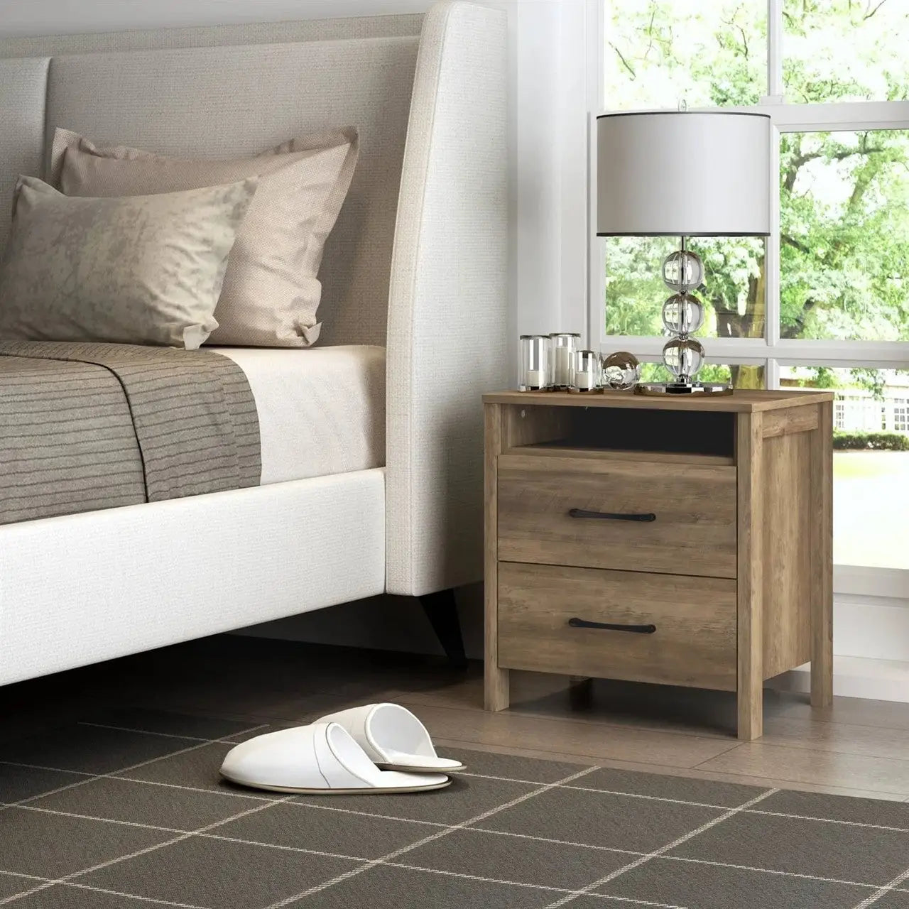 Modern Farmhouse 2-Drawer Nightstand Bedside Table in Brown Oak Wood Finish - Nightstand