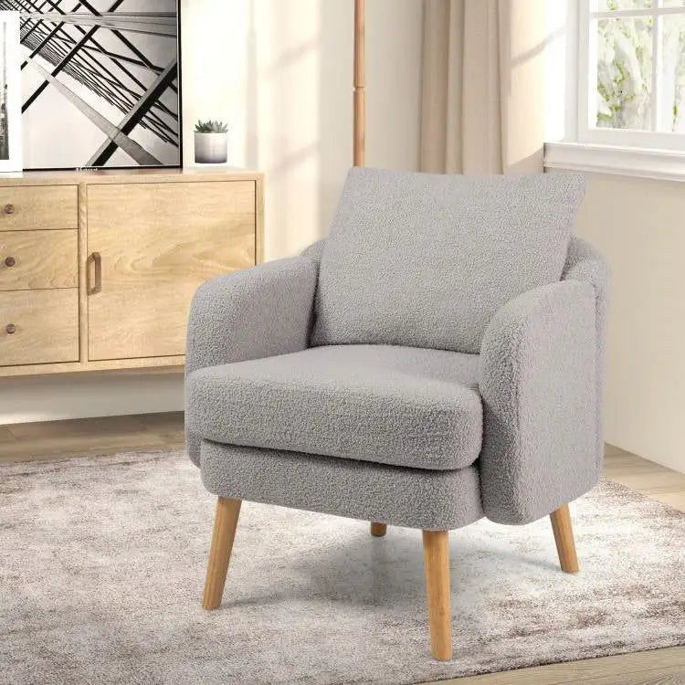Modern Grey Sherpa Fabric Upholstered Accent Chair with Wooden Legs - Living Room > Accent Chairs