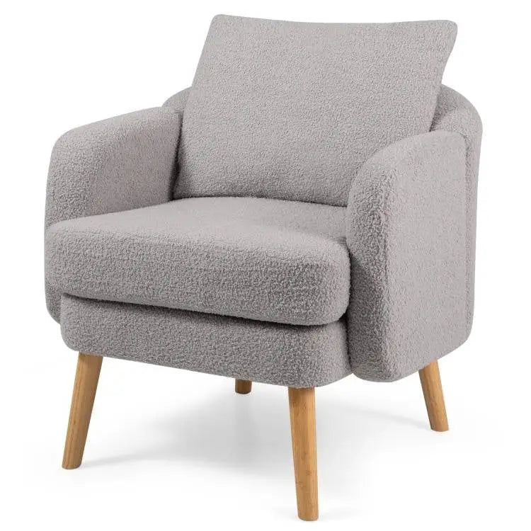Modern Grey Sherpa Fabric Upholstered Accent Chair with Wooden Legs - Living Room > Accent Chairs