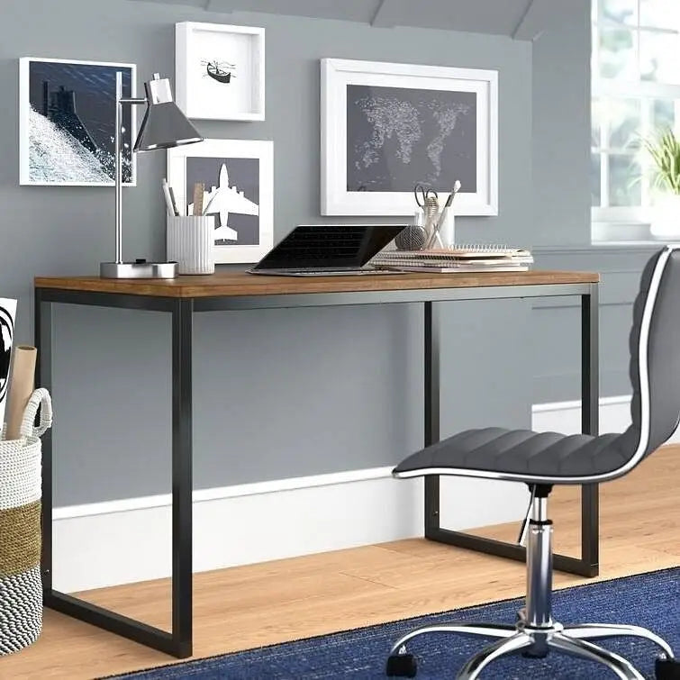 Modern Home Office Desk with Black Metal Frame and Brown Wood Top - Computer Desks