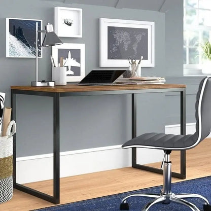 Modern Home Office Desk with Black Metal Frame and Brown Wood Top - Computer Desks