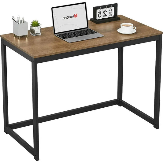 Modern Home Office Laptop Computer Desk Table with Black Metal Frame Wood Top - Computer Desks
