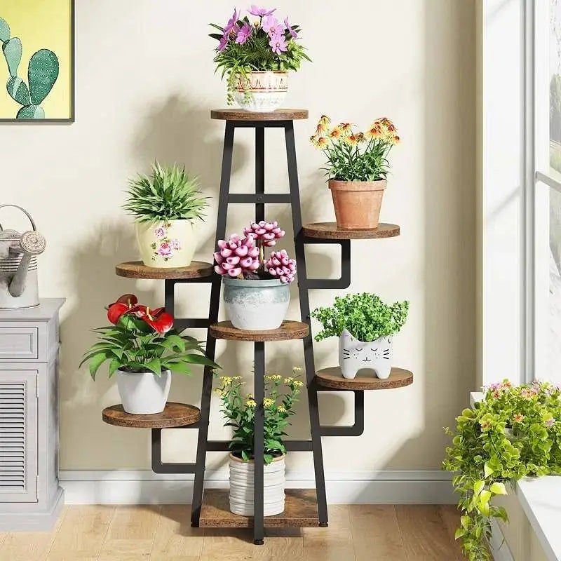 Modern Indoor Multi-Tier Plant Stand with Black Metal Frame and Wood Shelves - Plant Stands